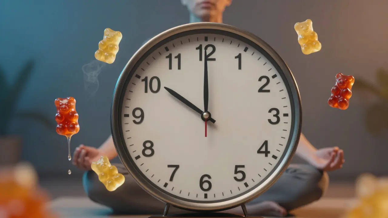 Hodiny s ukazateli zastavenými na 45 minutách, kolem nich plavou gumičky a mlha.