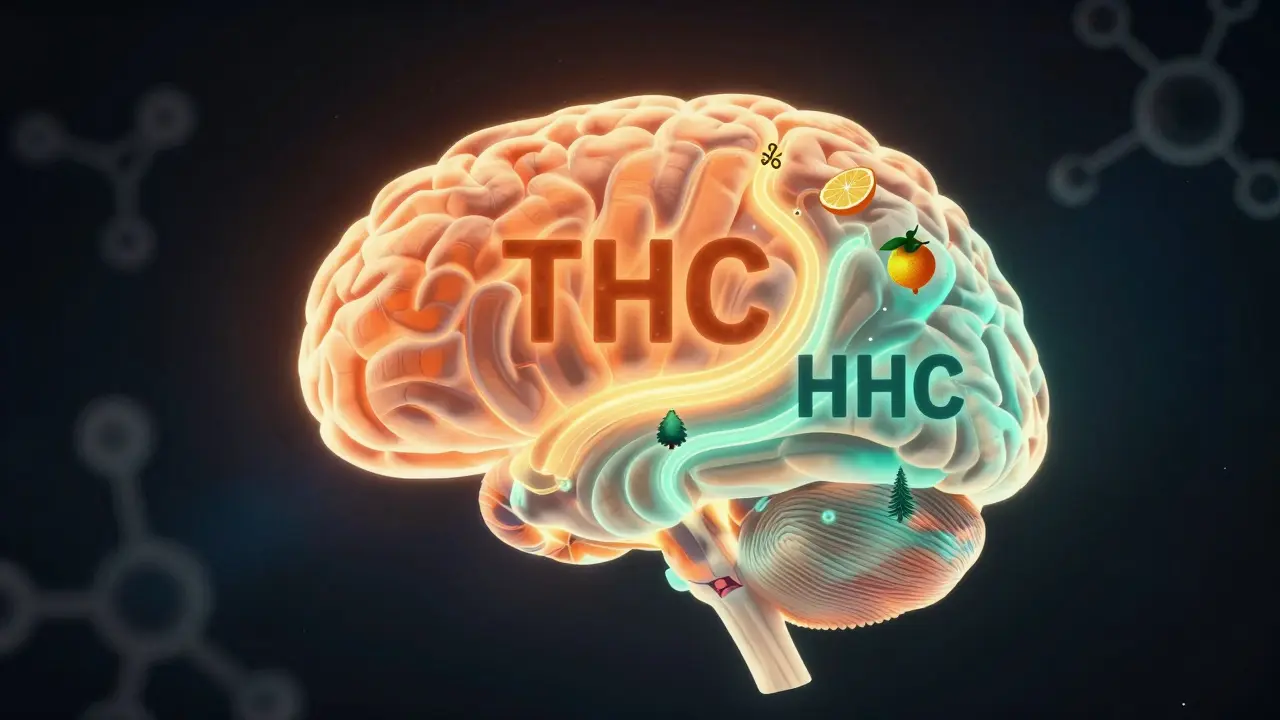 Human brain with two glowing pathways showing HHC and THC effects differently.