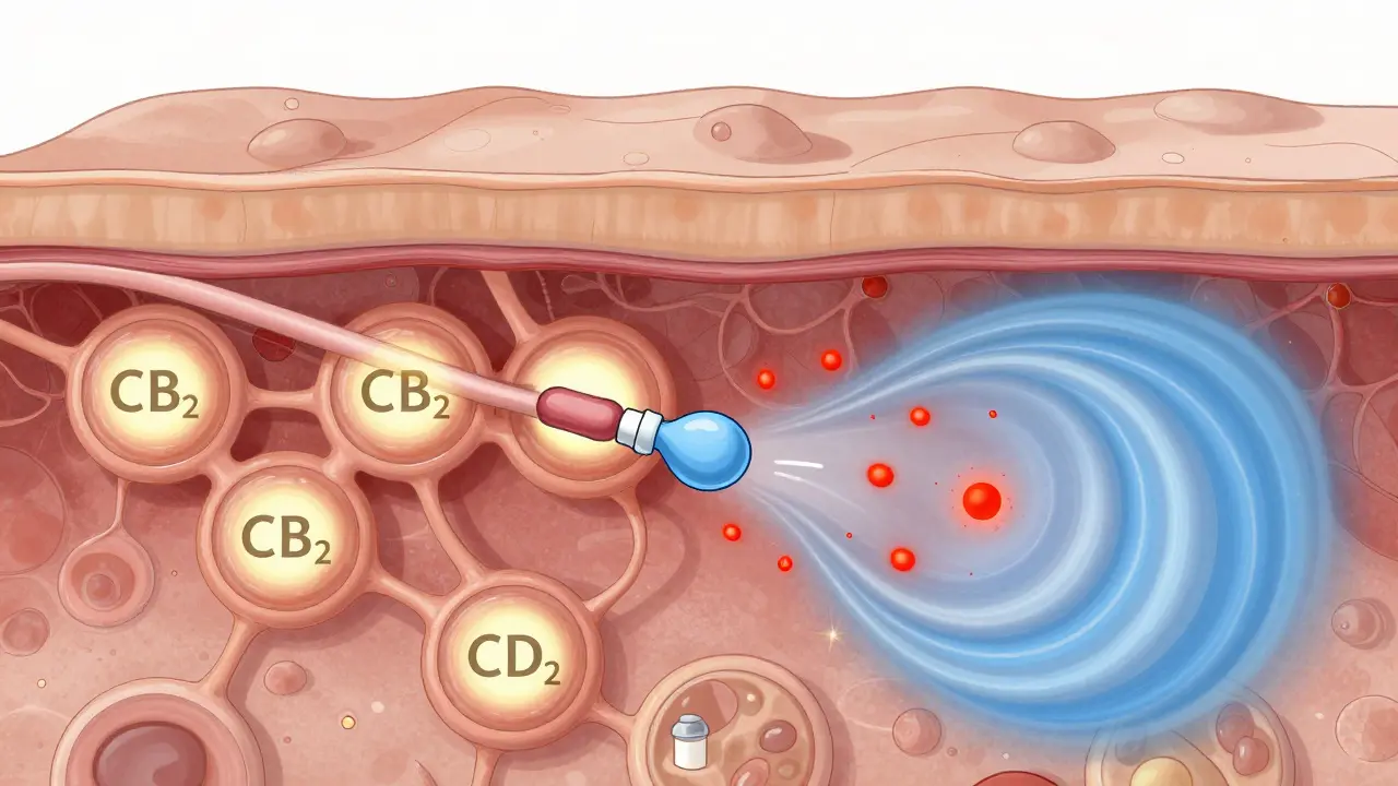 Ilustrace CB2 receptorů v kůži, které přijímají CBD molekuly a snižují zánět.