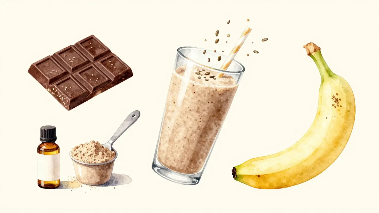 Kolekce konopných potravin: čokoláda, proteinový prášek, smoothie a olej v vodové technice.