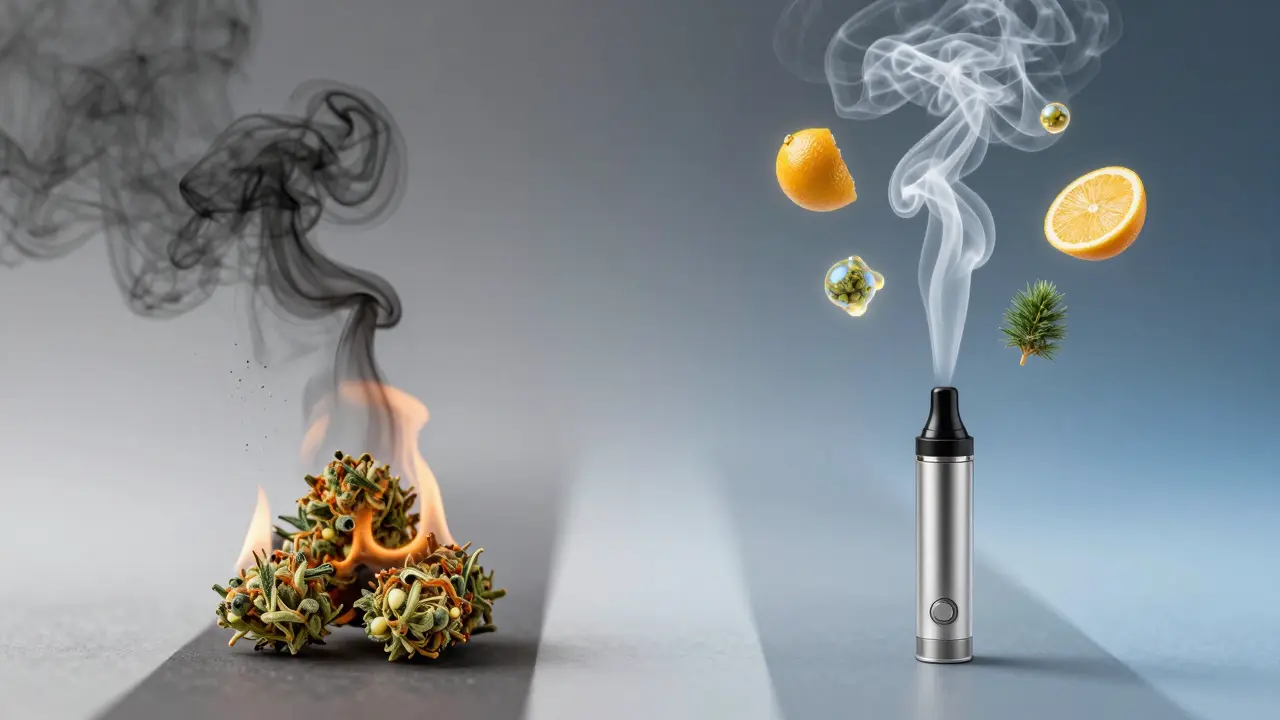 Kontrast mezi kouřem a parou CBD: škodlivé částice vs. čistá pára s terpeny.