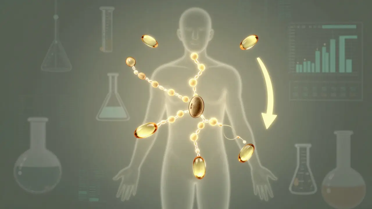 Kontur lidského těla s molekulami bílkovin a omega-3 spojenými s konopným semínkem.
