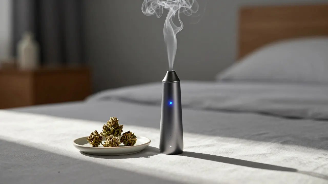Moderní vaporizér uvolňuje jemnou páru vedle CBD květů v klidné místnosti.