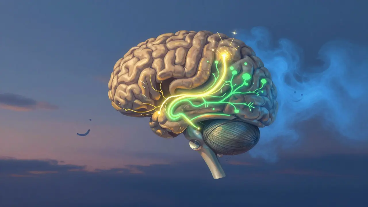 Mozek s osvětlenými nervovými dráhami, kde citrusové a borovicové světlo vytváří smích, zatímco těžká modrá mlha ustupuje.