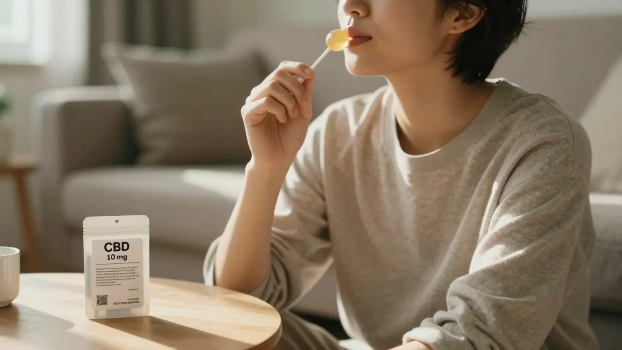 Osoba klidně užívá cannabis lollipop v osvěženém bytě, bez kouření nebo lahviček, jen klid a pohoda.