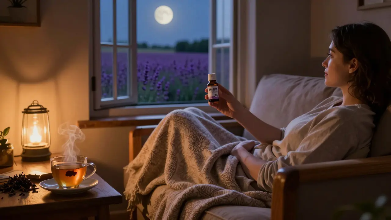 Osoba odpočívá na kanapé ve večerním světle s lahvičkou H4CBD a lavandou za oknem.