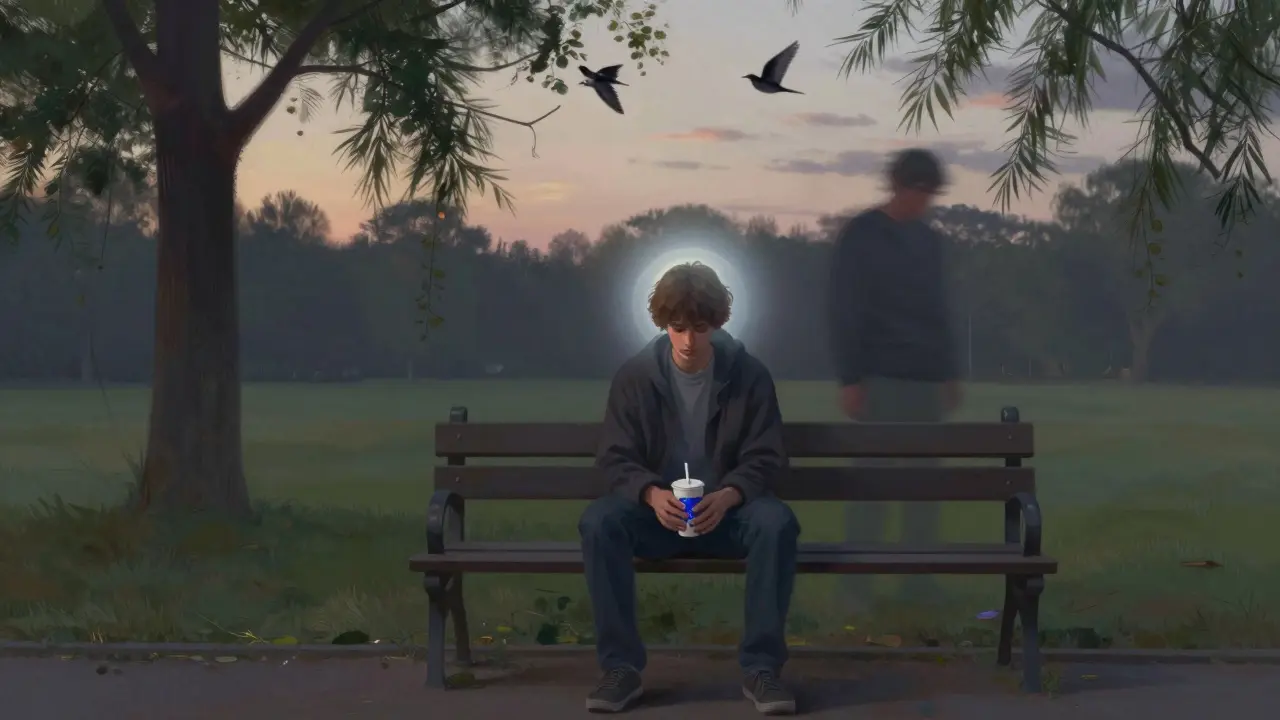 Osoba s CBD nápojem v klidu na lavičce, zatímco kolem ní je klidný svět.