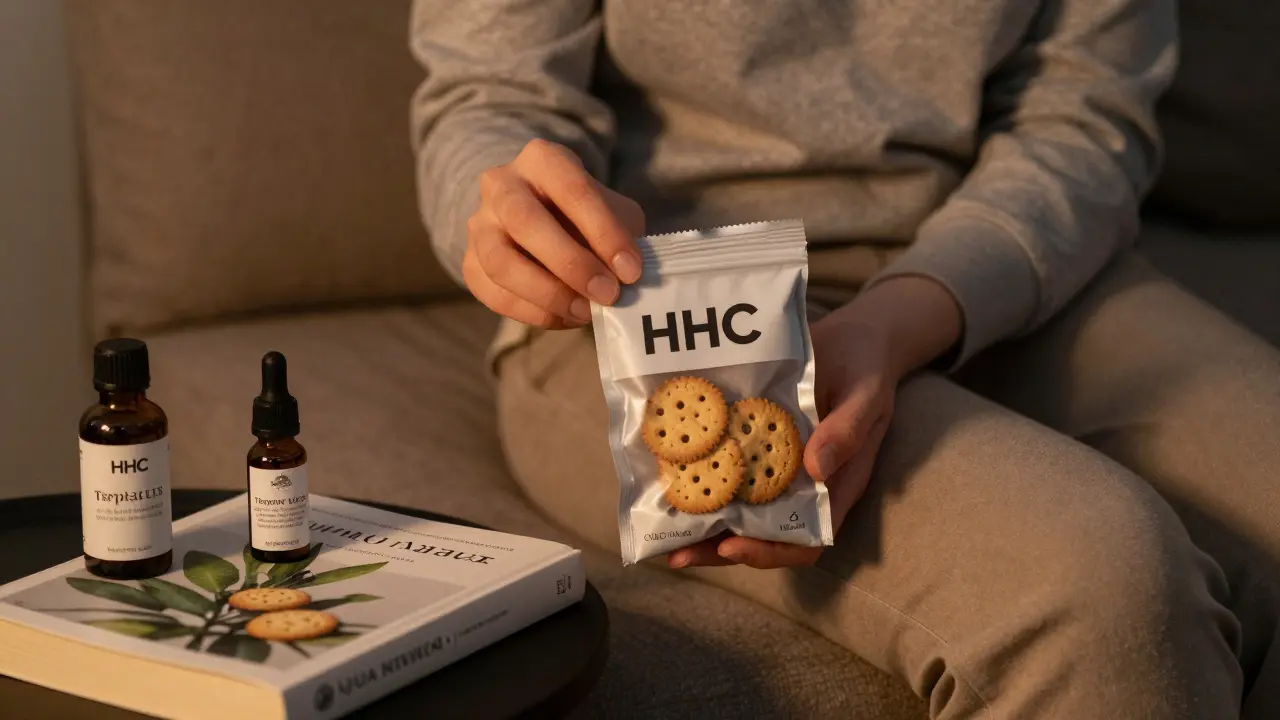 Osoba sedí na pohovce s neotevřeným balíčkem HHC sušenek a CBD alternativami.