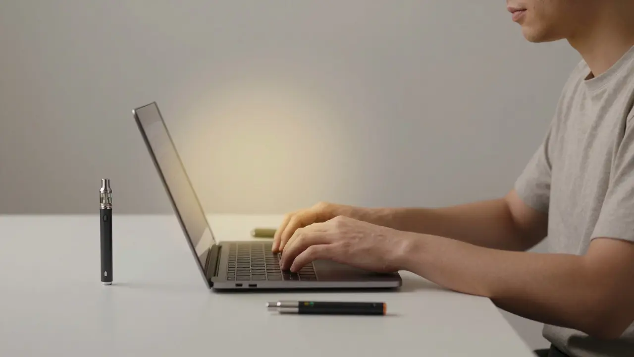 Person working calmly at a desk with a vape pen nearby, subtle energy aura.