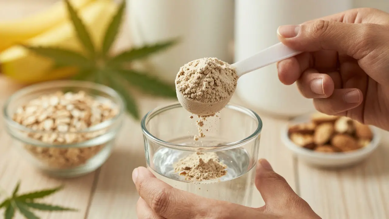 Ruce nalévající konopný bílkovinový prášek do sklenice vody s ostatními zdravými potravinami na pozadí.