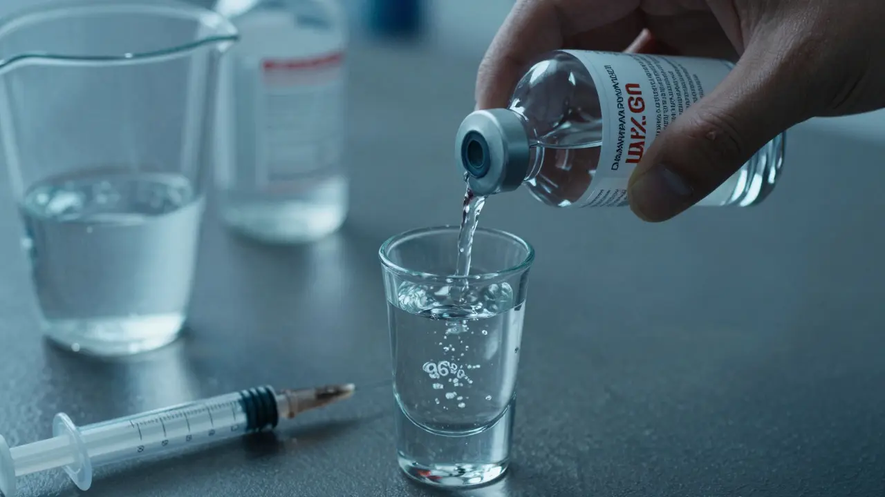 Ruka nalévá čistý 96% alkohol do skleničky s varovným štítkem na pozadí.