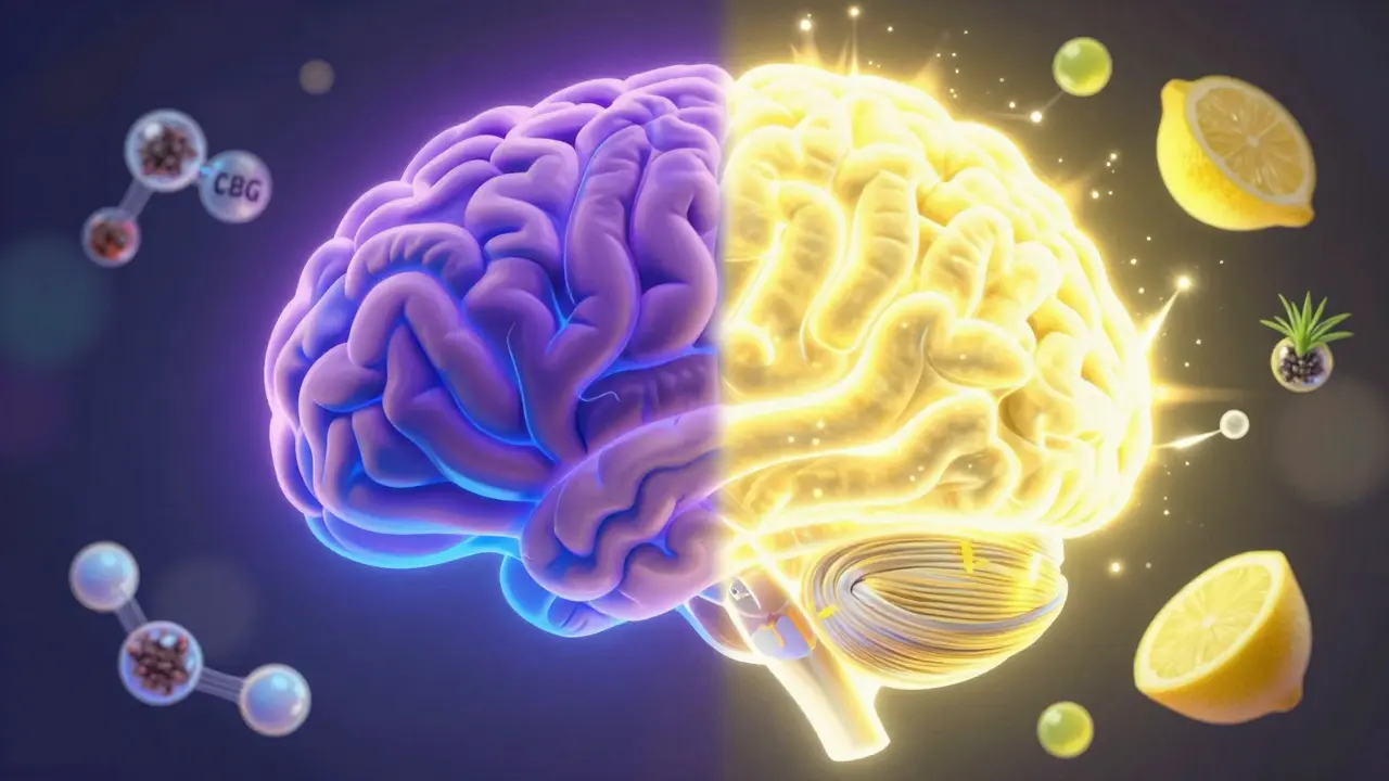 Schematický náhled mozku s klidnými fialovými a modrými vlnami proti jasnému žlutému záblesku mentální aktivity.