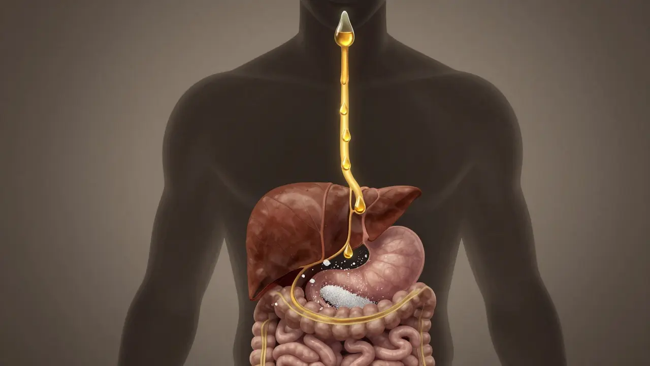 Schematický vnitřní pohled těla s cestou CBD skrz trávicí systém.