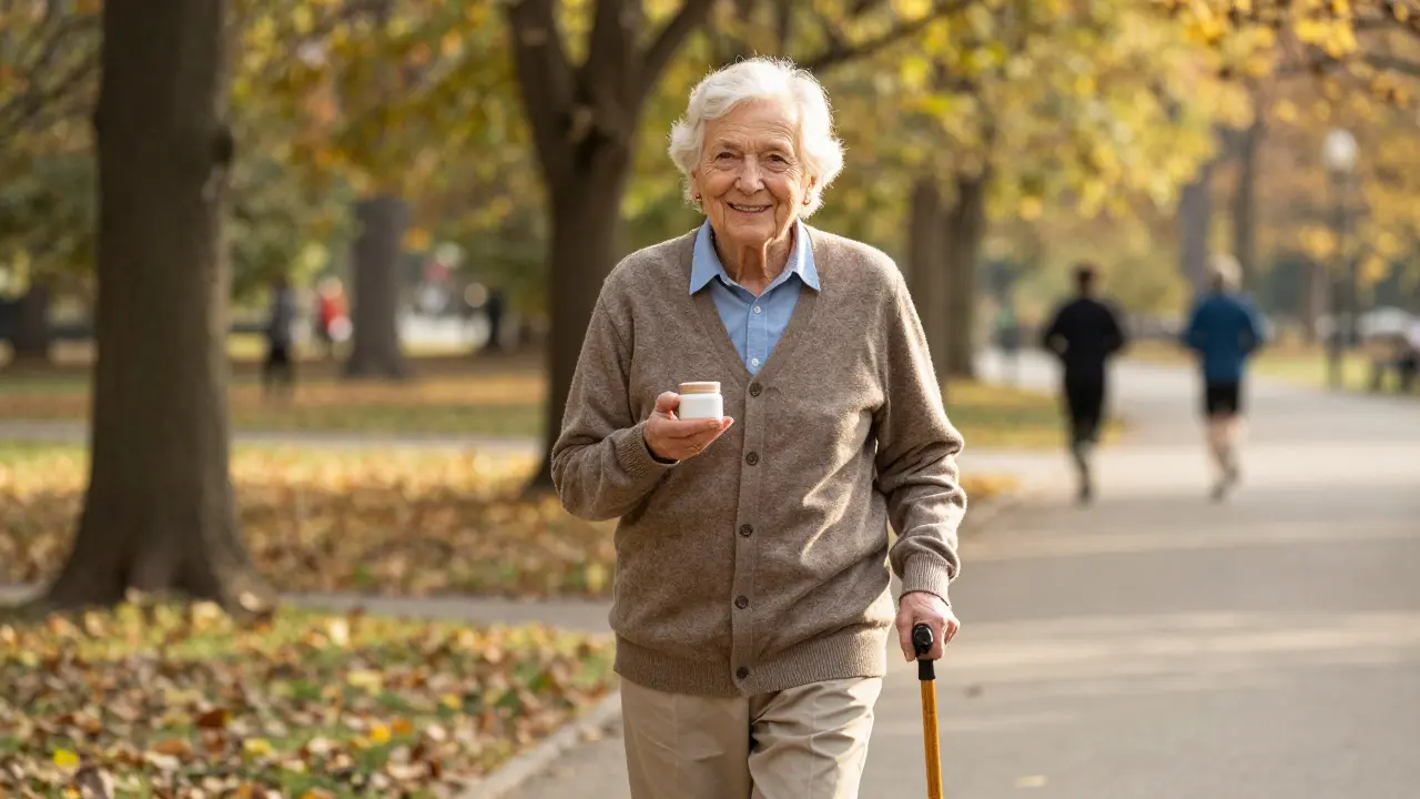 Starší osoba se bezbolestně prochází v parku, drží krém v ruce.