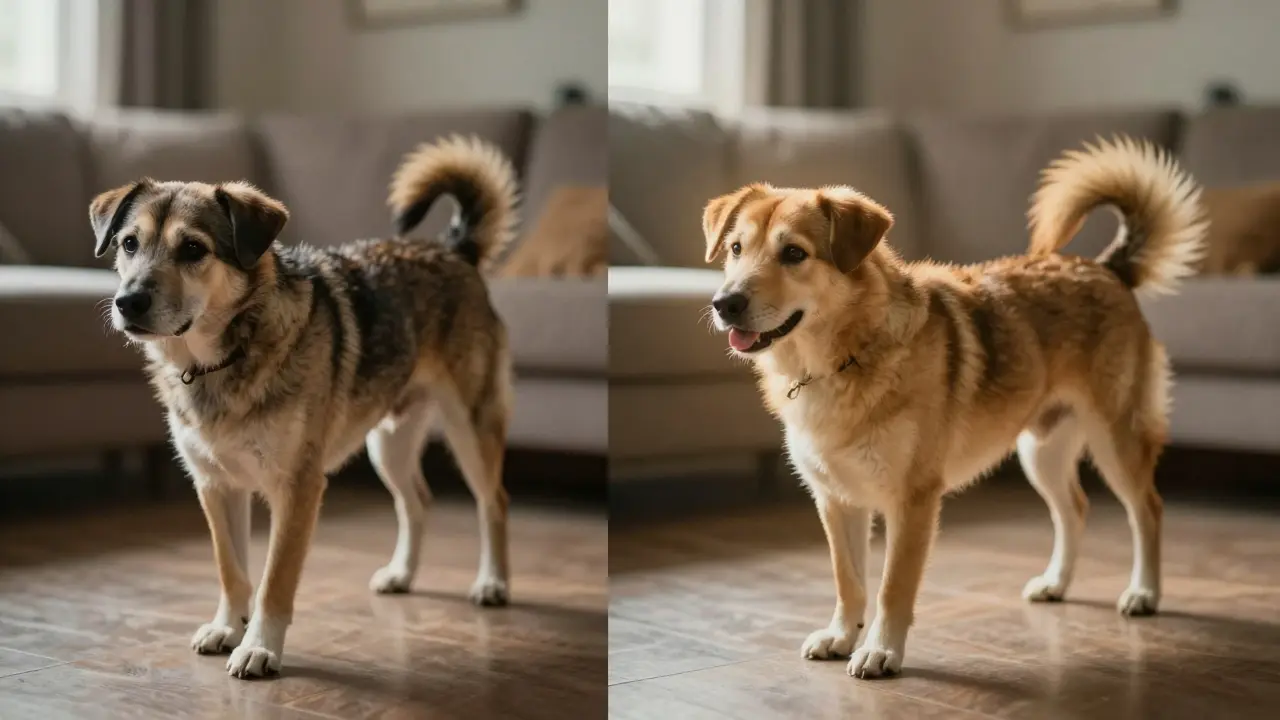 Starý pes dříve kročel s obtížemi, nyní se pohybuje volně a štěstěnou.