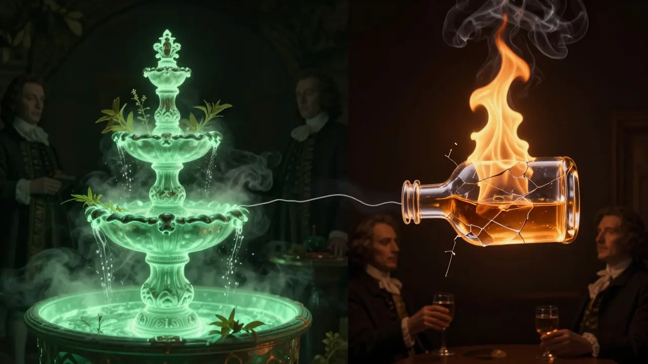 Surreální obrázek s absintem a etanolem jako symboly mýtu a skutečnosti.