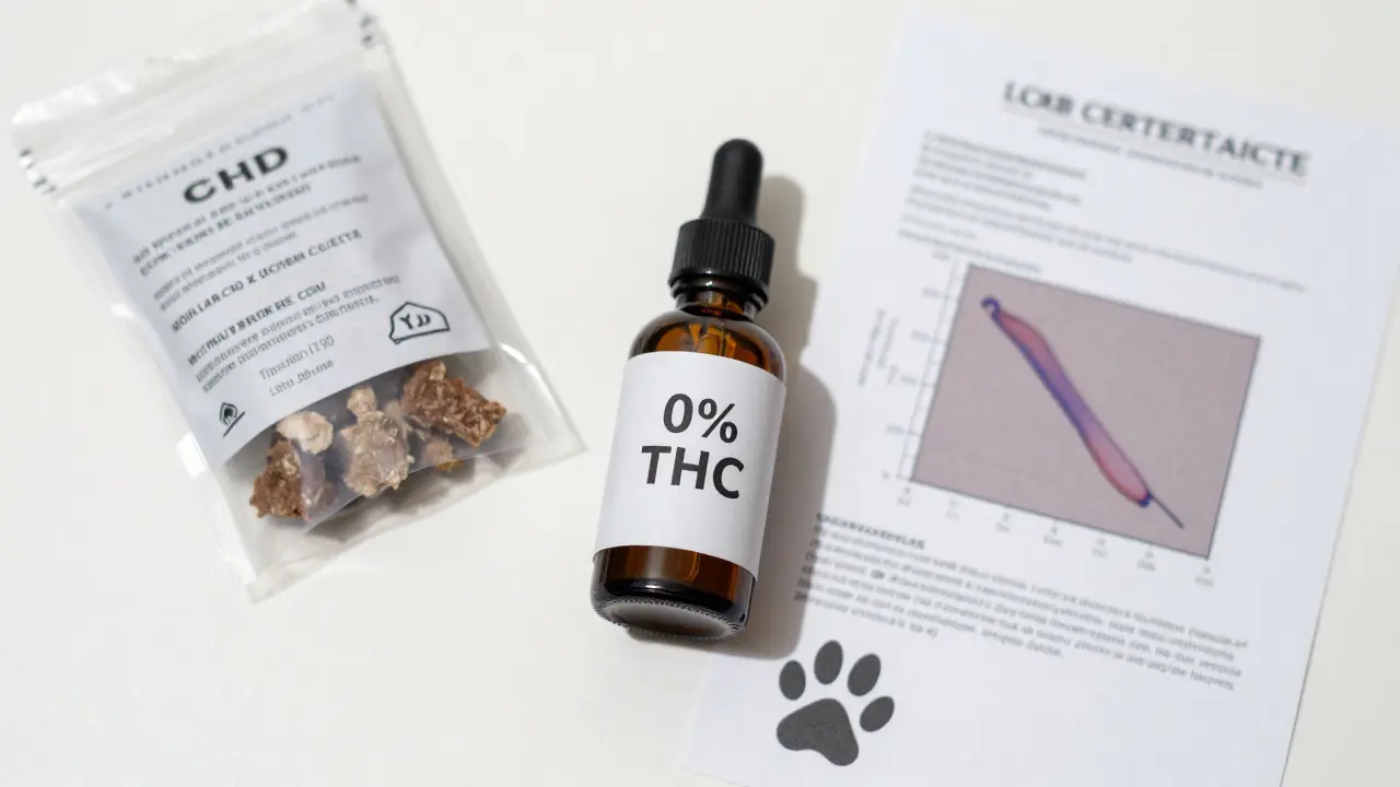 Tři kvalitní CBD produkty pro psy: olej, pečivka a laboratorní certifikát.