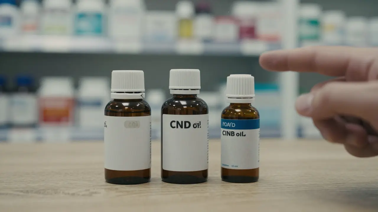 Tři láhve CBD oleje na polici lékárny s nejasnými štítky a žádnou standardizací.