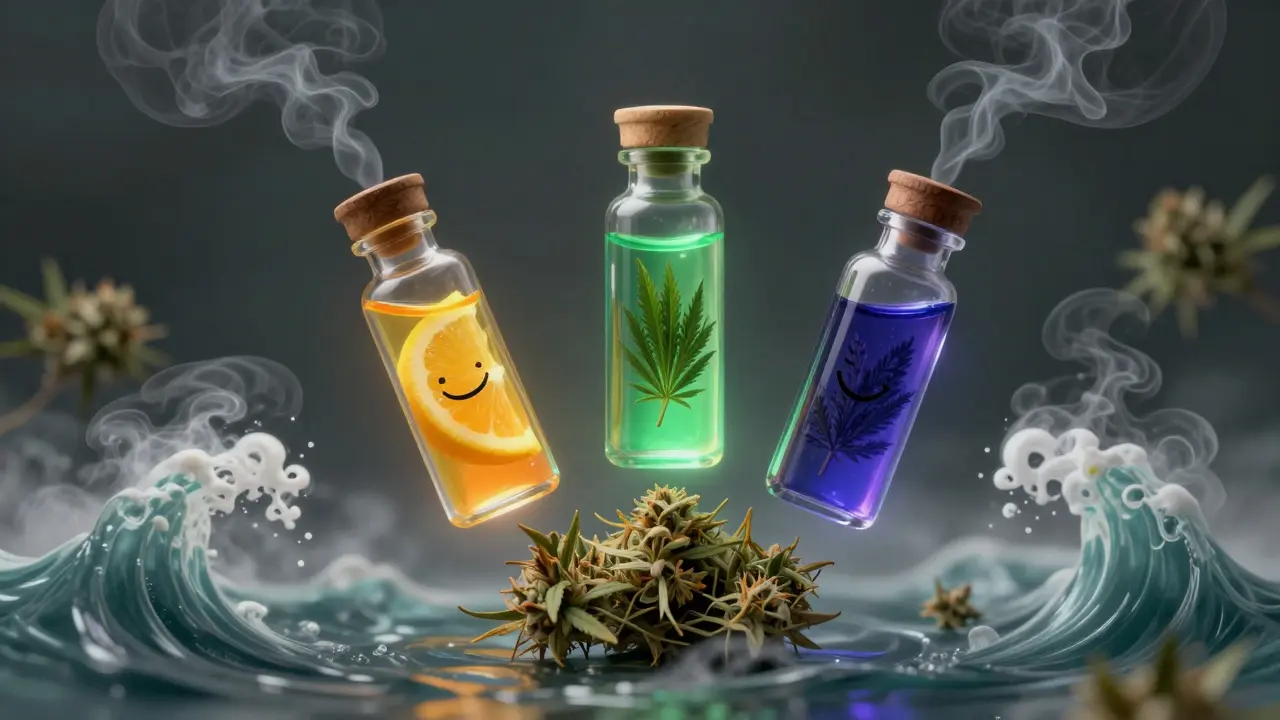 Tři skleněné lahve s terpeny limonen, pinen a myrcen plují nad CBD květem v aromatičtém mlhavém prostředí.