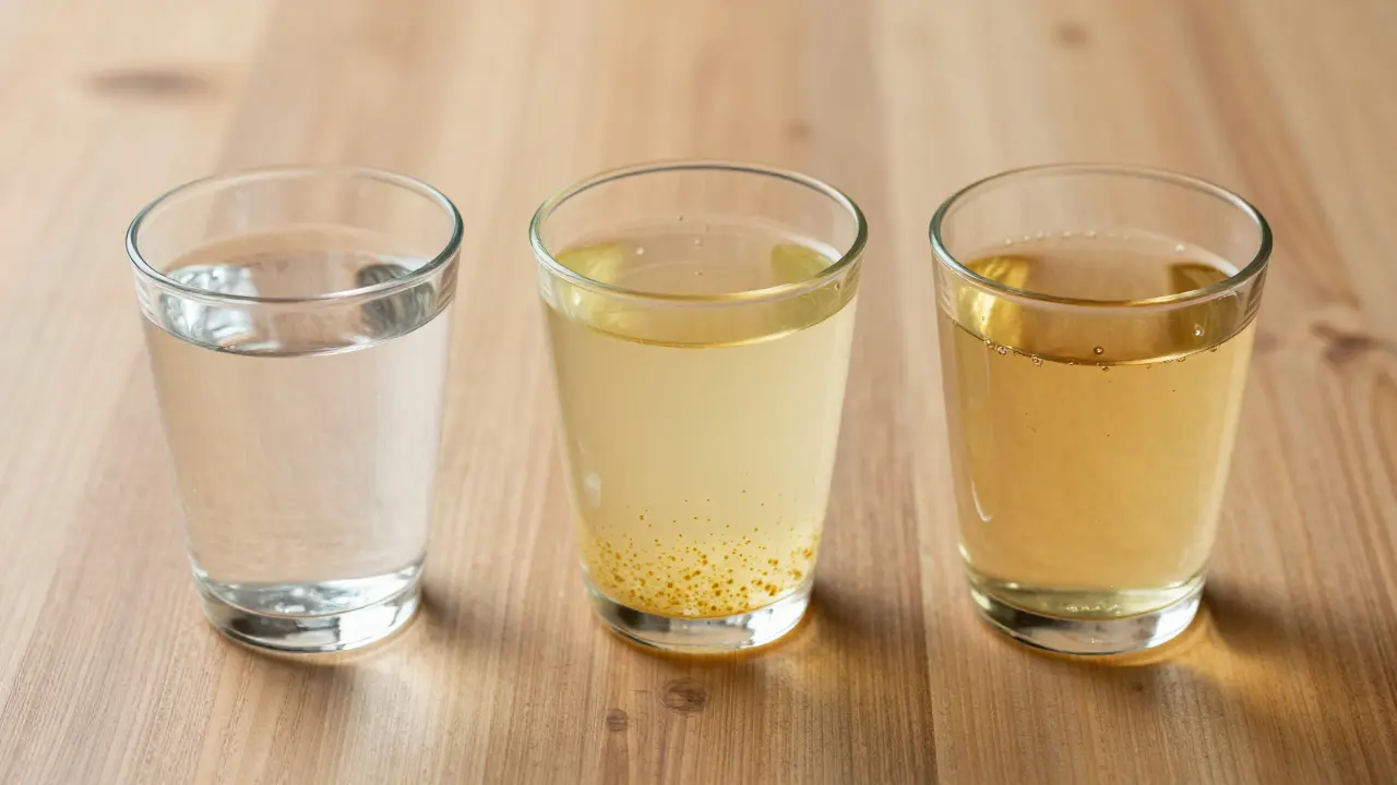 Tři sklenice s různými variantami CBD nápoje: rozptýlený, oddělený a správně emulgovaný.