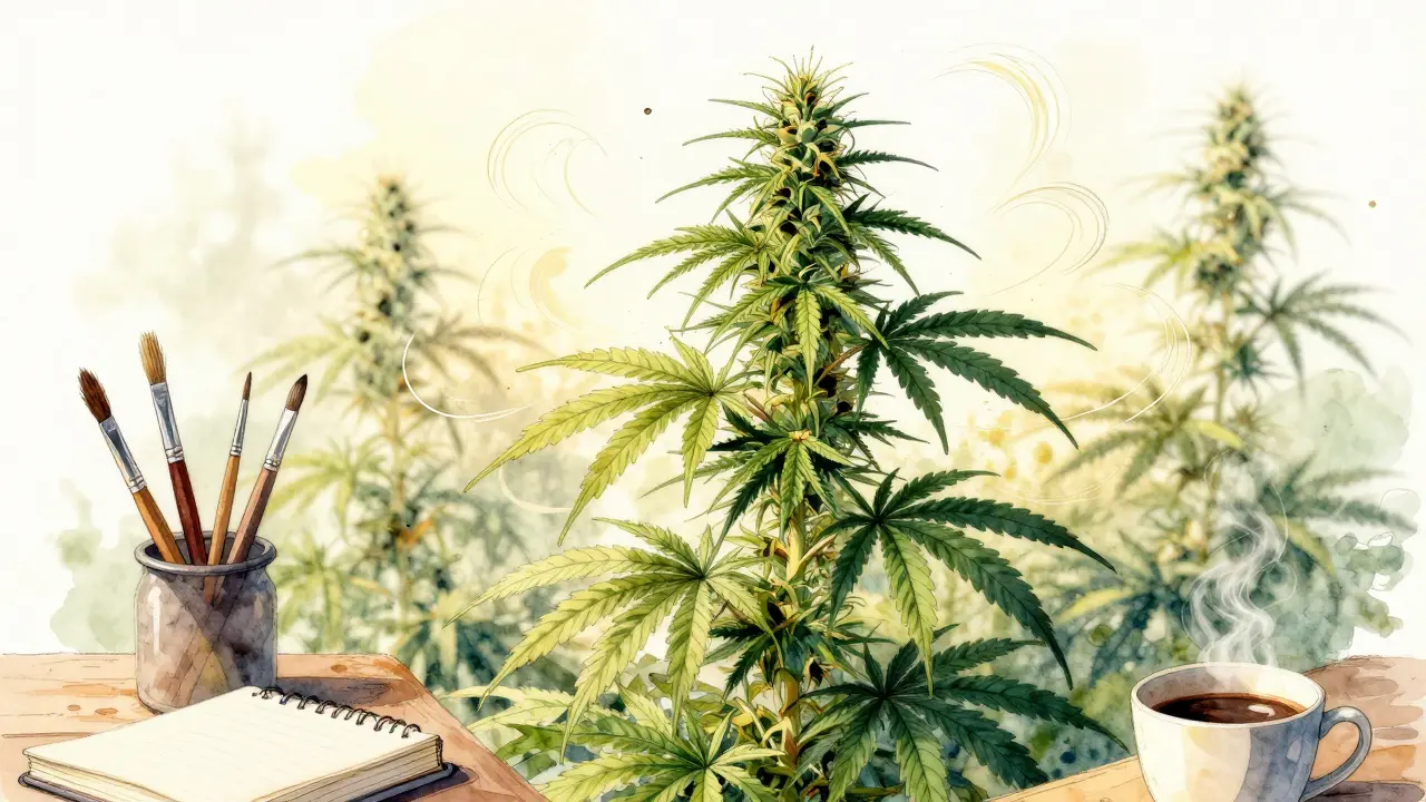 Vysoká sativa rostlina v slunečném poli, obklopená kresbami a kávou, symbolizující kreativitu.