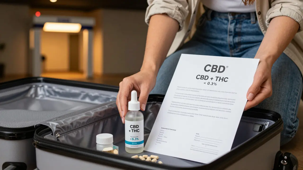 Žena v zavazadlech ukazuje označené CBD produkty a laboratorní potvrzení při balení na cestu.