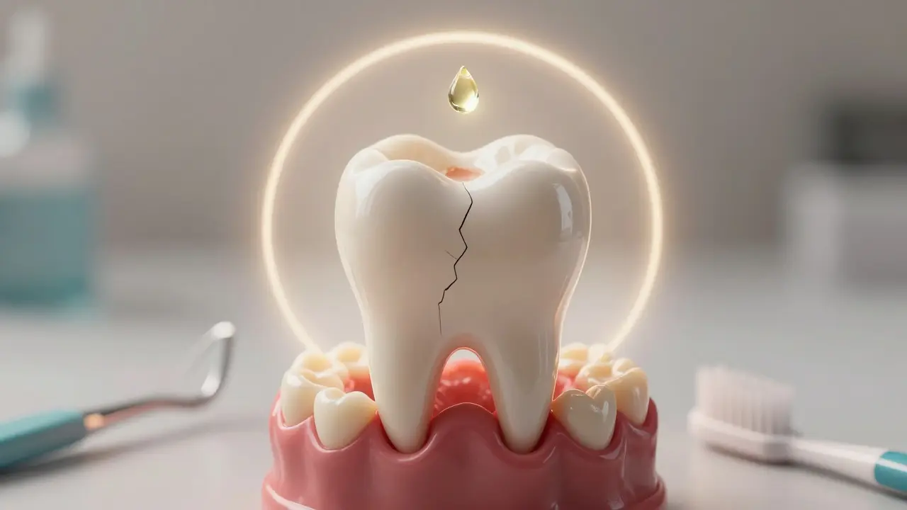 Zub s karií a zdravou dásní v ochranném světle.