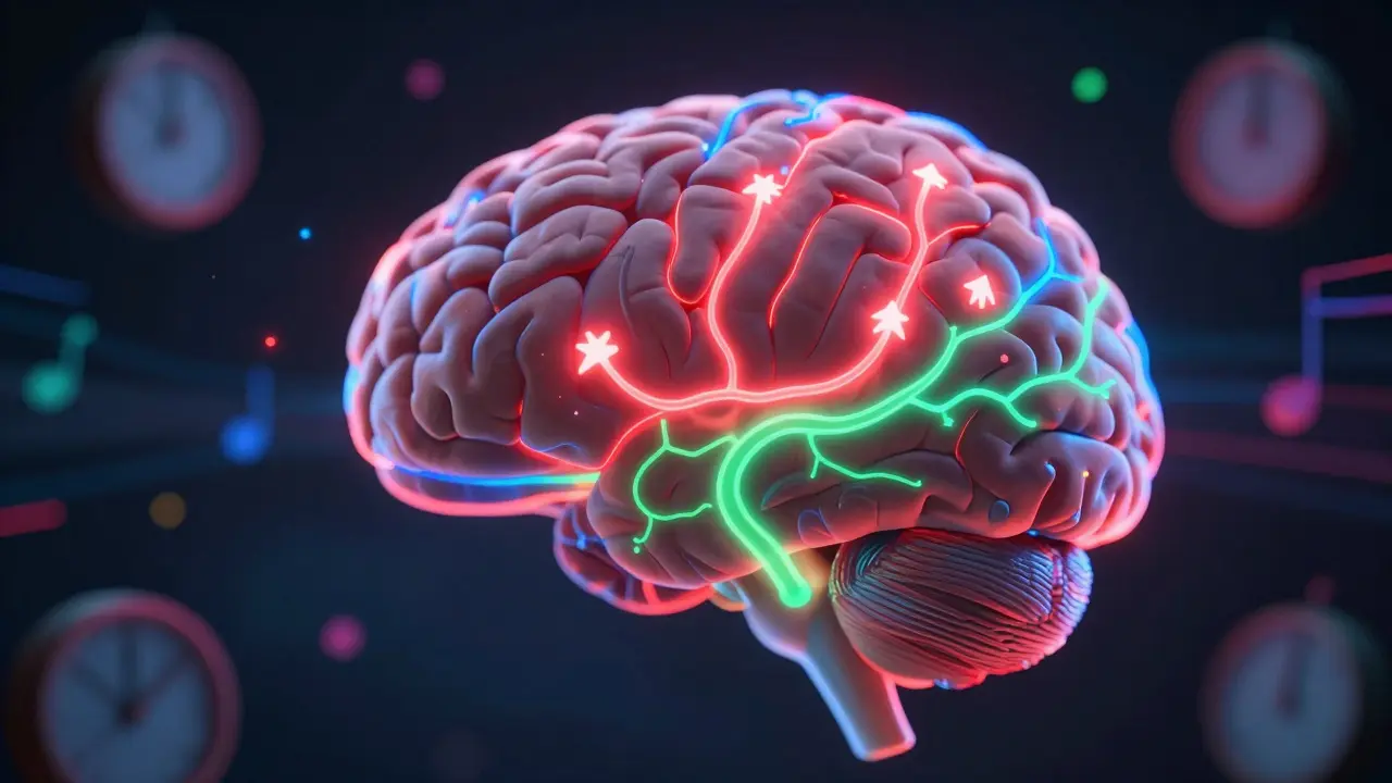 Abstraktní obrázek mozku s interagujícími světelnými cestami THC a CBD, symbolizujícími uklidnění přebytku.