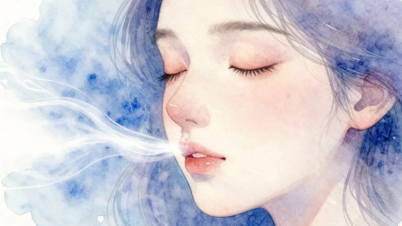 Blízký pohled na dýchající osobu s měkkými vlnami dechu.