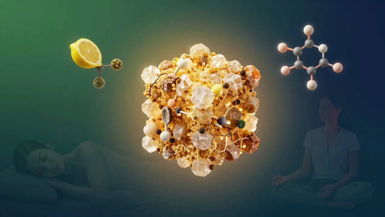 CBD crumble se rozkládá v zlatém světle, kolem něj plavou molekuly terpenů a symboly klidu a úlevy od bolesti.