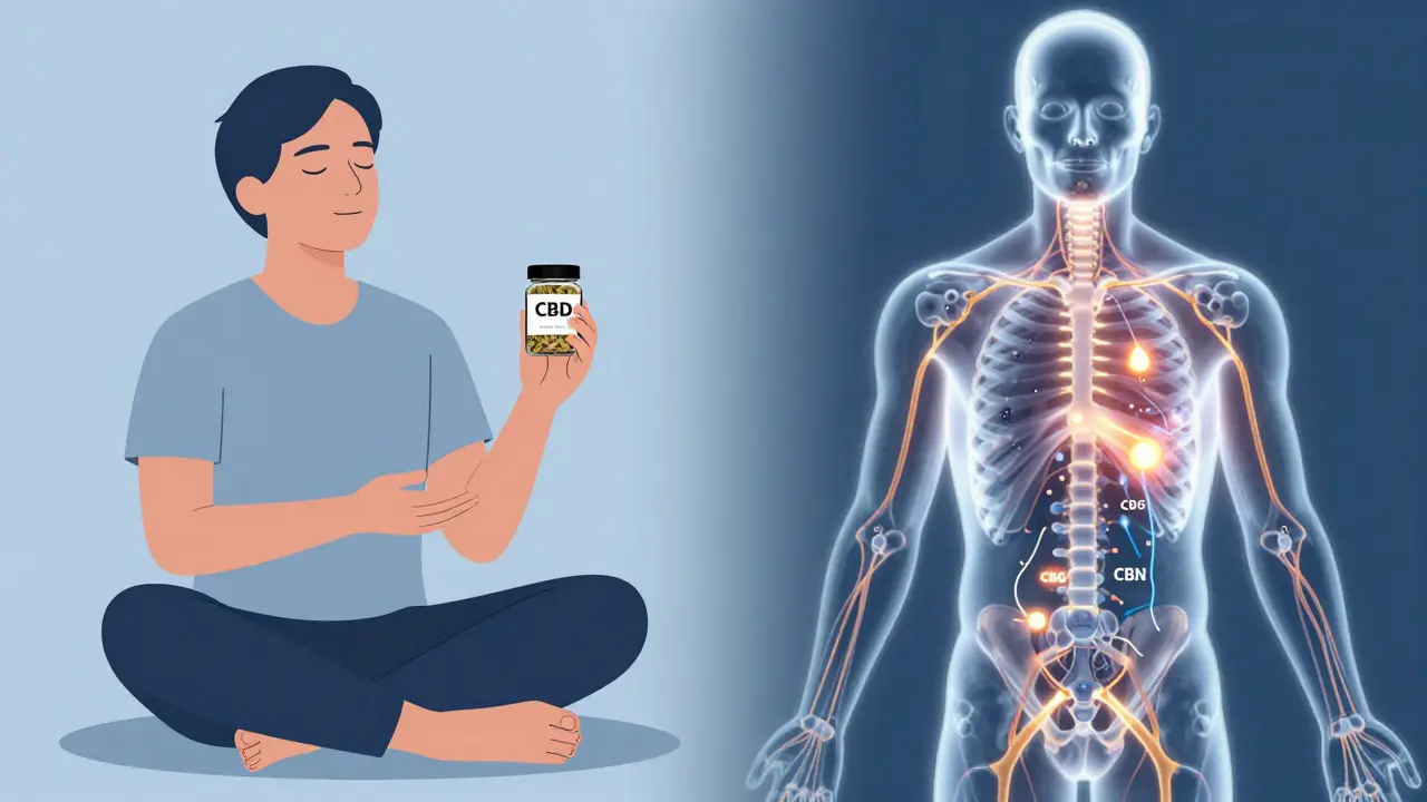 Člověk uvolněný s CBD květem a schematické zobrazení kanabinoidů v těle