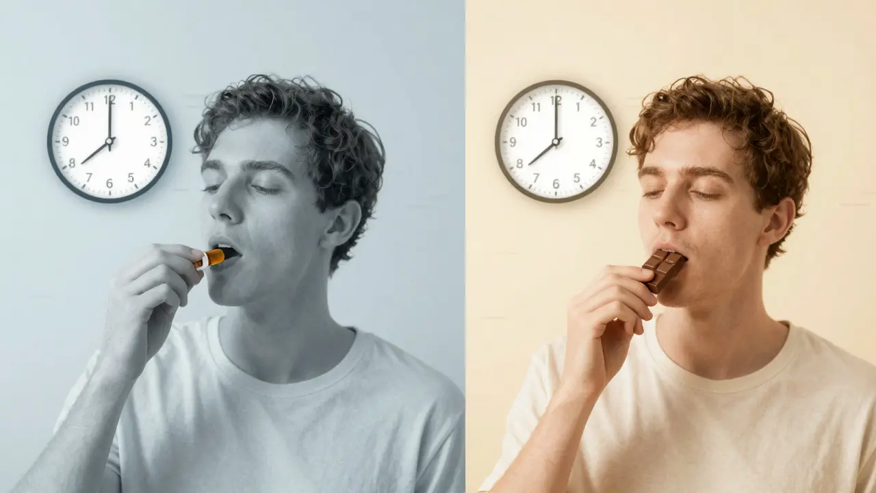 Dvě scény: podjazykové užívání CBD vs. užívání v potravině s časovým rozdílem.