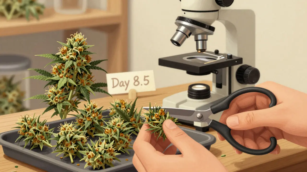 Hand harvesting Big Bud cannabis buds with a magnifying glass showing trichome development.