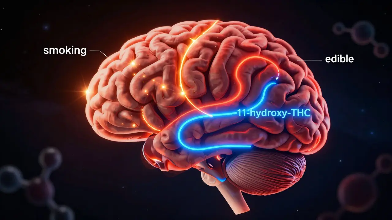 Ilustrace lidského mozku s dvěma cestami účinku THC: kouření a konzumace v potravině.