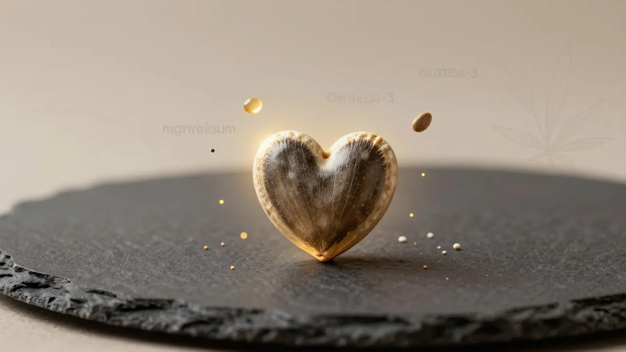 Jedno semínko konopí na tmavém povrchu s abstraktními částicemi živin kolem něj.