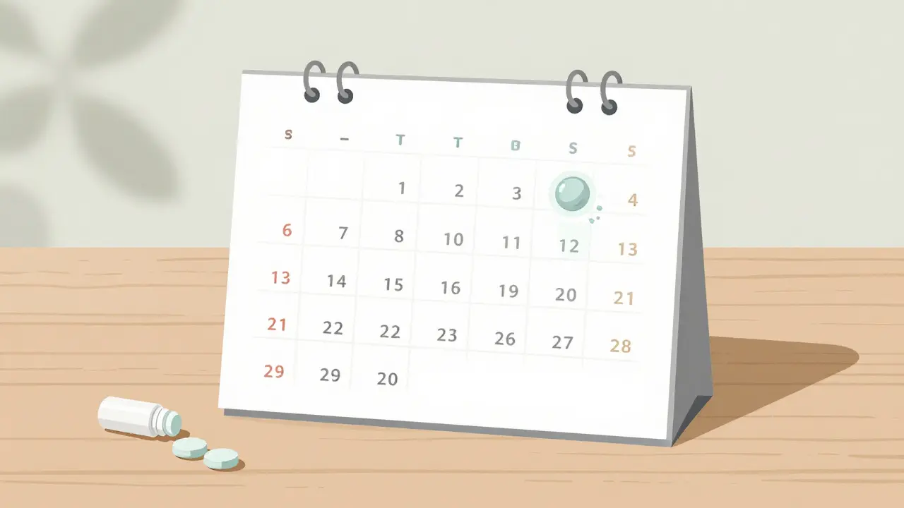 Kalendář s označenými dny a CBD žvýkačkou na stole.