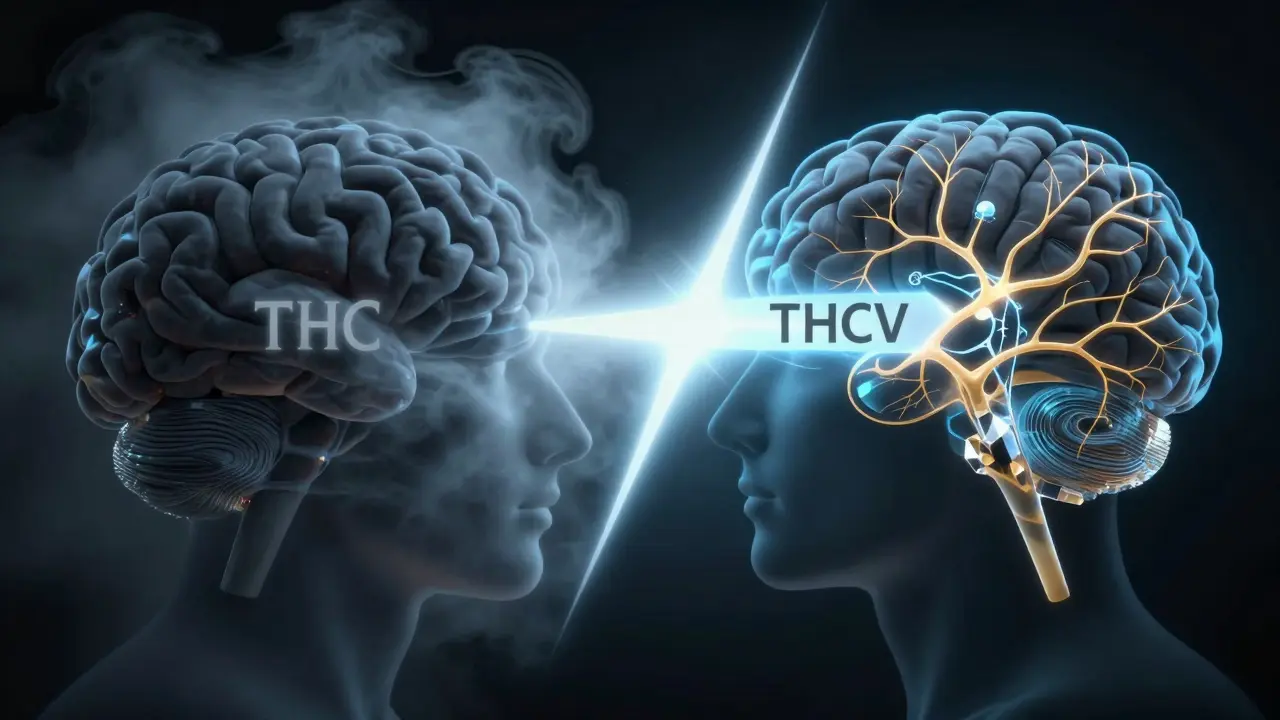 Konceptuální obrázek mozku, kde THCV blokuje THC a aktivuje jasné neuronové cesty.