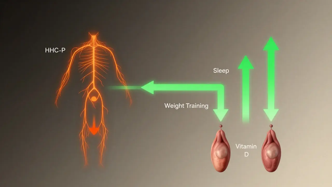 Konceptuální obrázek těla s dvěma cestami: jedna vede k poklesu testosteronu díky HHC-P, druhá k jeho růstu díky spánku, cvičení a vitamínu D.