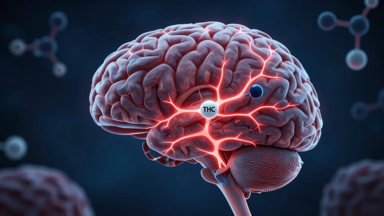 Lidský mozek s aktivovanými receptory, kde THC přesně vazebně interaguje.