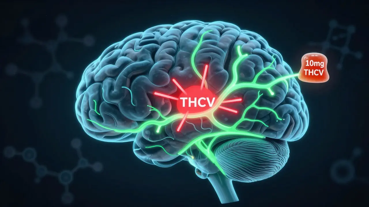 Lidský mozek s neurologickými cestami, které blokují signály hladu, s gumičkou THCV vedle.