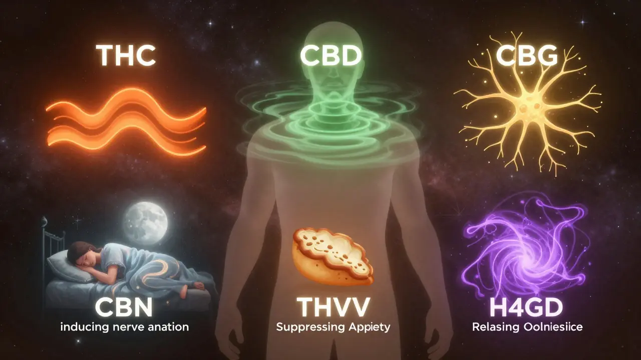 Lidský silueta s šesti oblastmi znázorňujícími účinky různých kanabinoidů na tělo.