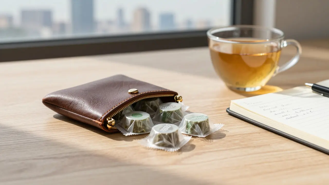 Malá taštička s konopnými bonbony na stole vedle šálku čaje a poznámek.