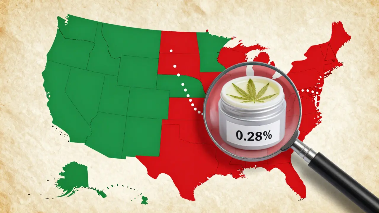 Mapa USA s barevně označenými státy podle zákonnosti CBD, cesta z Kalifornie do Texasu a zvětšený krém s uvedeným obsahem THC.