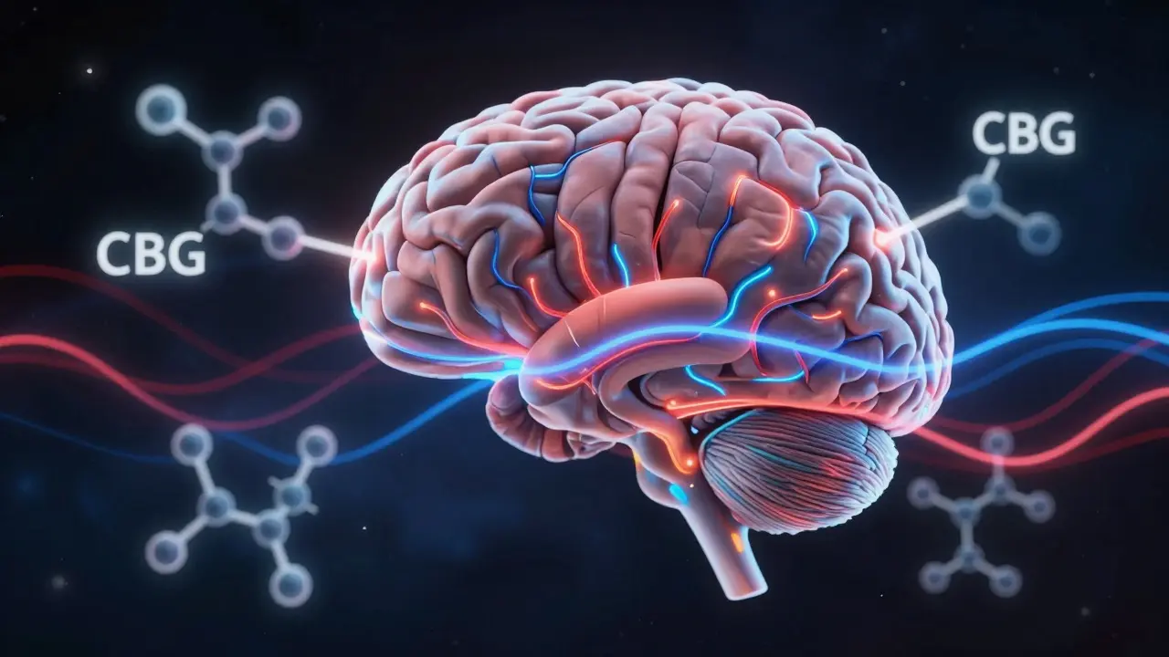 Molekulární interakce CBG s nervovými cestami v mozku.