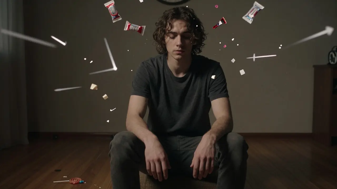 Muž sedí v tichém prostředí, kolem něj plavou zbytky balení a pomalu se točí hodiny, znázorňující zpožděný účinek konopného lízátka.