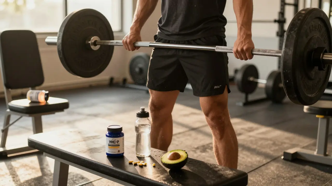 Muž zvedá činky v třídně osvětlené posilovně, vedle něj leží avokádo a vitamín D, zatímco odhozená láhev HHC-P leží pod lavičkou.