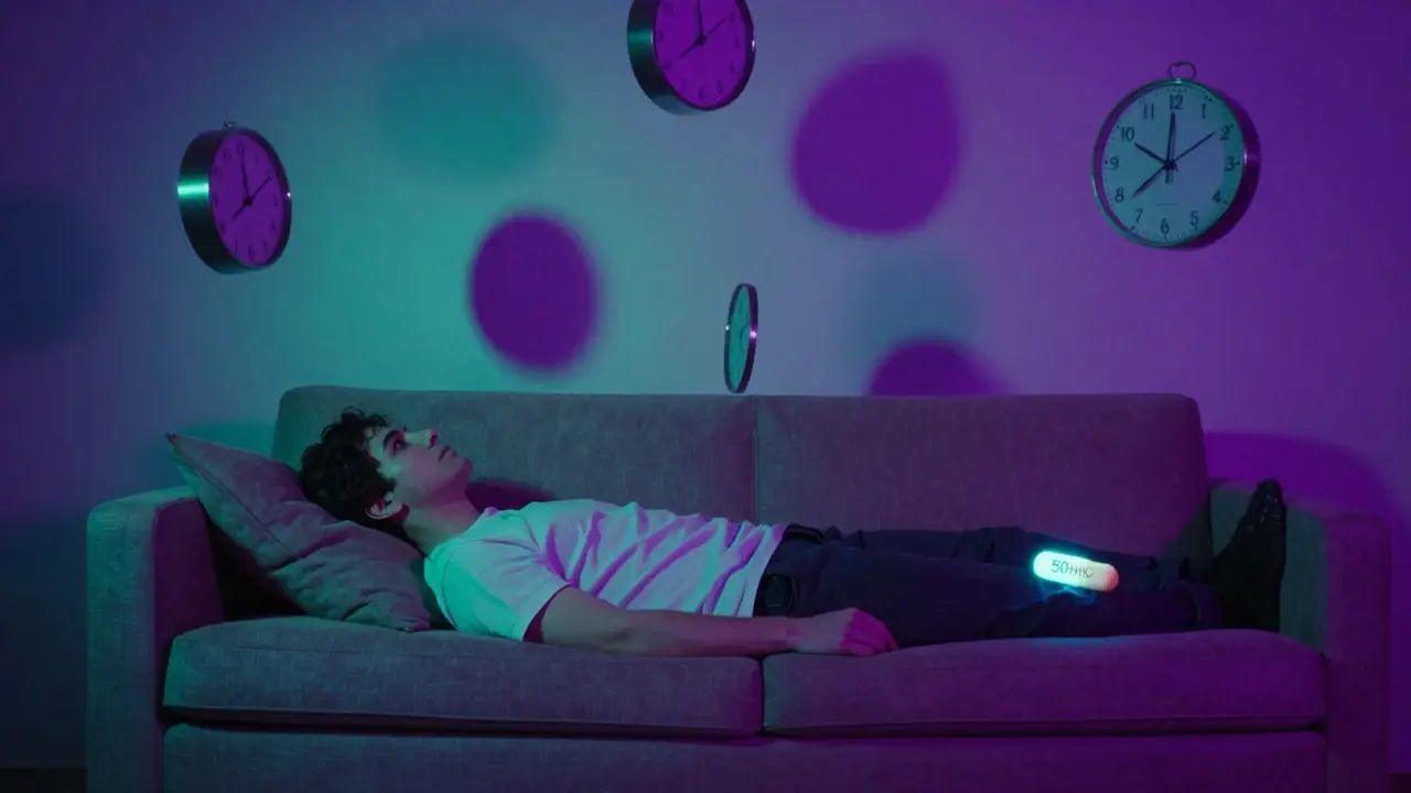 Osoba v dreamlike scéně s intenzivními barvami a zkresleným časem po užití vysoké dávky HHC.