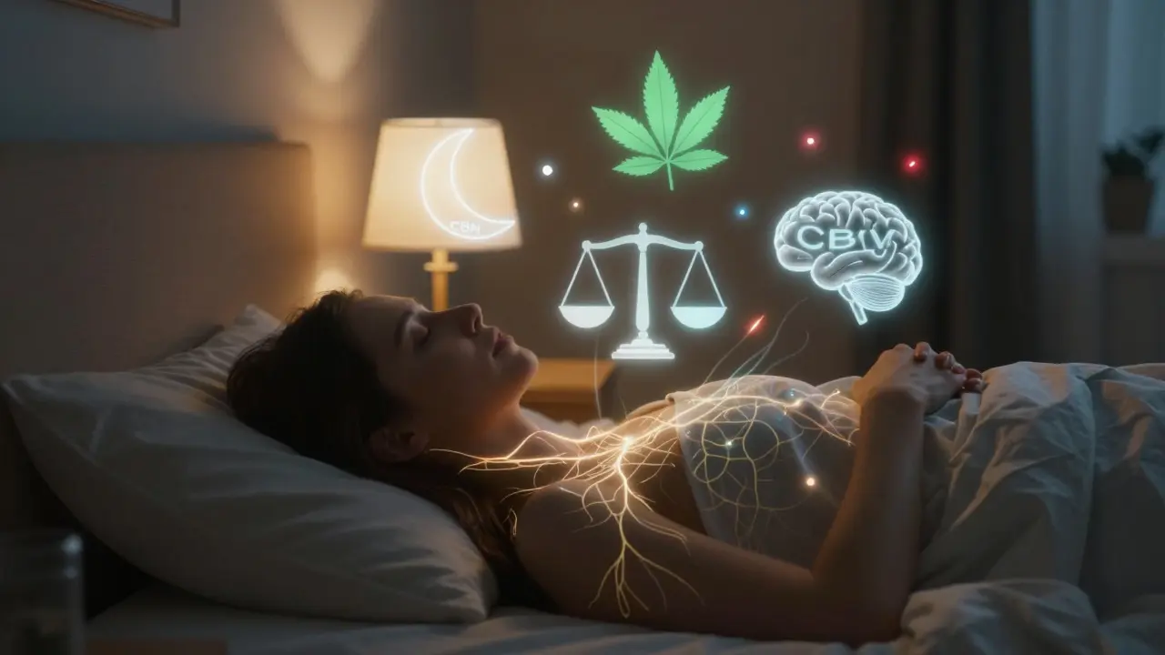 Osoba ve spánku s letícími symboly kanabinoidů, které jemně ovlivňují její tělo.