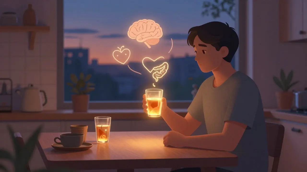 Osoba ve večerní kuchyni pije CBD nápoj, zlatý zářivý účinek se šíří z nápoje do těla.