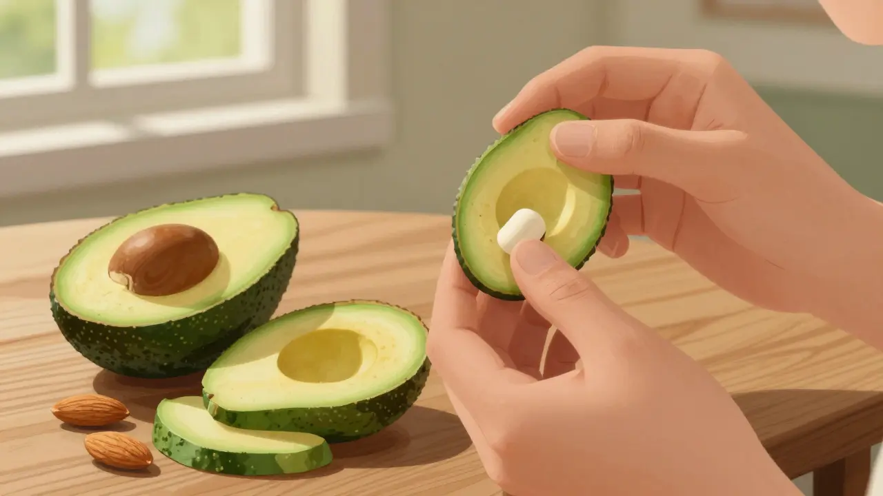 Osoba žvýká CBD žvýkačku s ořechy a avokádem na stole.